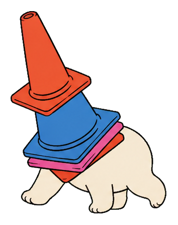 Momota walking in stacked traffic cones